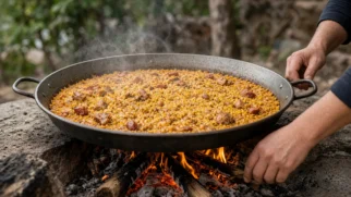 Chefs do Burguettos preparam paella valenciana no Paseo de la Estación em Sueca