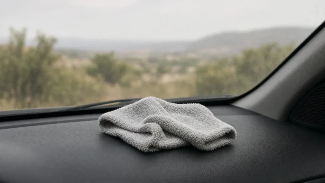 Vista interna do para-brisa automotivo centralizado em enquadramento 16:9, com pano de microfibra limpo apoiado no painel, luz natural suave e sem elementos gráficos extras.