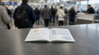 Foto limpa em 16:9 com o passaporte em primeiro plano no centro do balcão de aeroporto, sugerindo a barreira enfrentada por quem tenta voar ao México, El Salvador, Honduras ou Guatemala com documento vencido ou em mau estado.