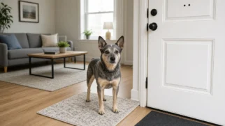 Cão de pequeno porte em alerta perto da porta de um apartamento