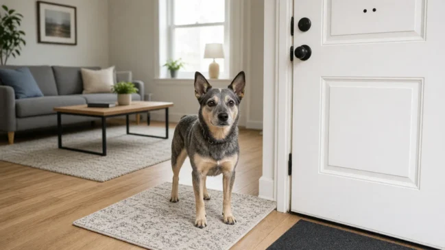 Cão de pequeno porte em alerta perto da porta de um apartamento