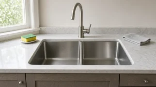 Pia de aço inoxidável vazia e brilhante no centro da cozinha