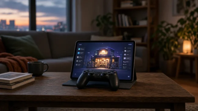 Imagem horizontal 16:9 com controle de console e interface de loja digital centralizados sobre mesa, iluminação suave de sala, sem textos, setas ou círculos.