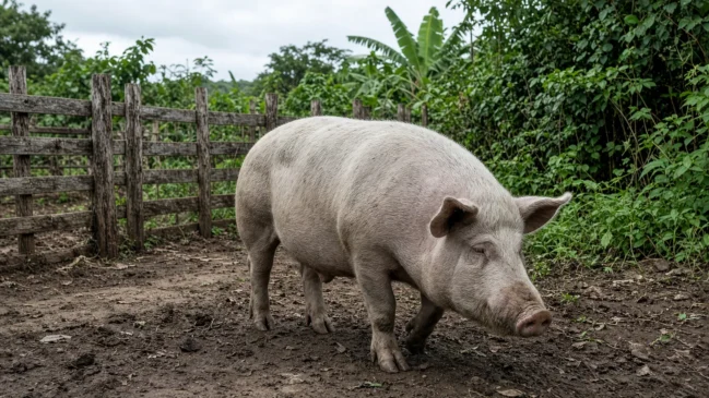 Animal suíno excepcional em sistema semi-extensivo de agricultura familiar em San Pedro, interior da província de Misiones, nordeste da Argentina, ilustrando o contraste com o peso comercial de abate.