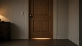 Imagem limpa em formato 16:9 mostra uma porta de quarto fechada no centro, com luz morna vazando pela fresta inferior, sugerindo hábito de dormir com o dormitório isolado.