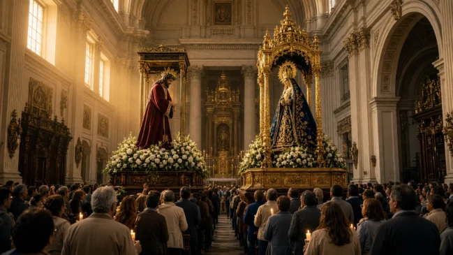 Foto limpa em 16:9 com a procissão religiosa no centro da catedral basílica de Salta, fiéis e andas sob luz dourada, sem marcações gráficas.