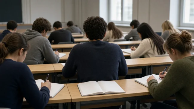 Estudantes universitários fazem anotações à mão em cadernos durante aula sem aparelhos digitais