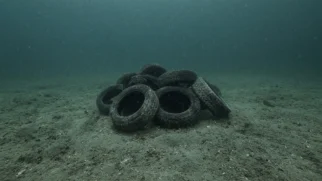 Imagem limpa em 16:9 com pneus negros centralizados no fundo do mar, água esverdeada e peixes de fundo ao redor, sem marcações.
