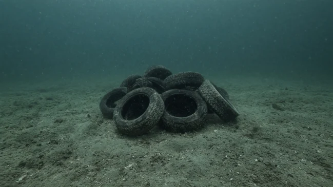 Imagem limpa em 16:9 com pneus negros centralizados no fundo do mar, água esverdeada e peixes de fundo ao redor, sem marcações.
