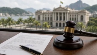 Contrato assinado e martelo de juiz sobre mesa, referência a decisão no Rio de Janeiro