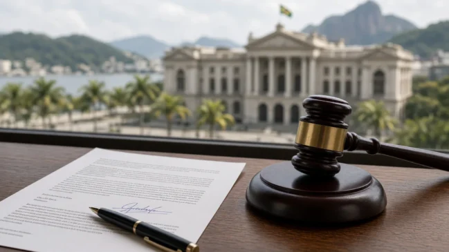 Contrato assinado e martelo de juiz sobre mesa, referência a decisão no Rio de Janeiro