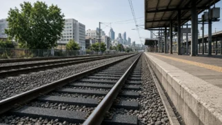 Dormentes de plástico reciclado Duratrack sob trilhos ao lado da plataforma dois na estação Richmond em Melbourne