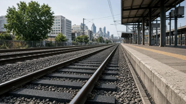 Dormentes de plástico reciclado Duratrack sob trilhos ao lado da plataforma dois na estação Richmond em Melbourne