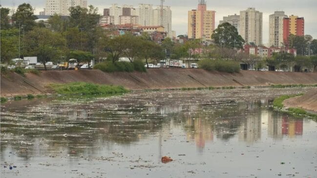 Fotografia em plano geral de um canal urbano com águas escuras cobertas por uma camada densa de lixo plástico e detritos flutuantes. Nas margens de betão, sobressaem árvores e uma via rápida com veículos em circulação, tendo ao fundo vários prédios residenciais sob um céu encoberto