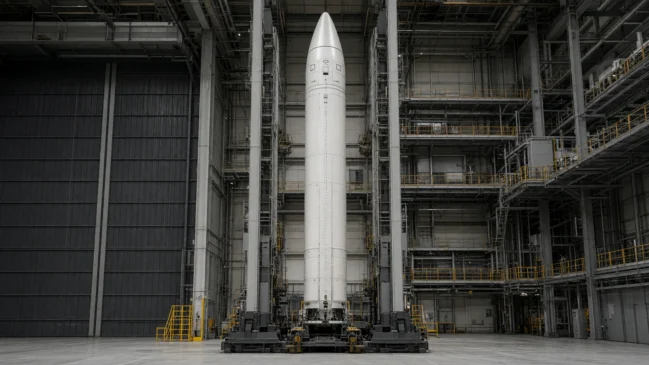 Míssil Sentinel montado na vertical em hangar industrial nos Estados Unidos