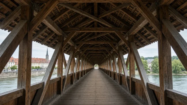 Interior da ponte de madeira coberta de Bad Säckingen com vigas aparentes