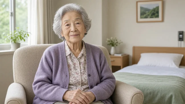 Foto limpa e centralizada de uma senhora de 92 anos em quarto simples de casa de repouso no Japão