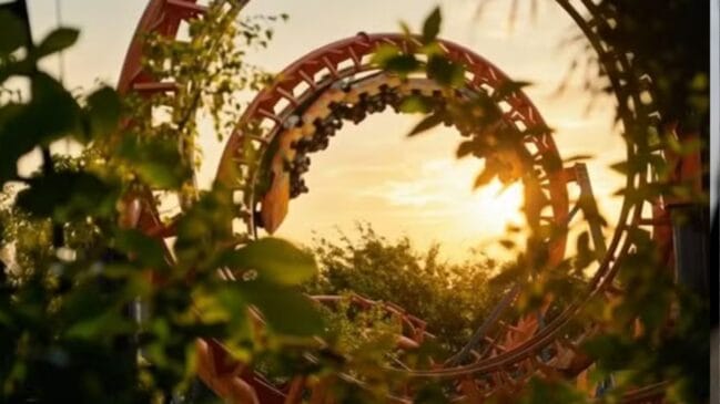 Fotografia artística enquadrada por folhagens no primeiro plano mostrando o looping de uma montanha-russa com trilhos vermelhos. Um trem com passageiros passa de cabeça para baixo no topo da estrutura circular, com a luz dourada do pôr do sol brilhando ao fundo no centro do curva
