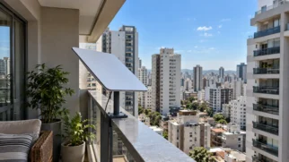 Antena compacta de internet via satélite instalada em varanda de apartamento cercada por prédios