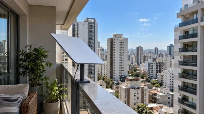 Antena compacta de internet via satélite instalada em varanda de apartamento cercada por prédios