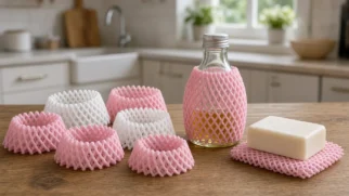 Redes de espuma de frutas reutilizadas sob sabonete e em frasco de vidro