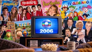 Imagem editorial nostálgica sobre a televisão de 2006, com TV de tubo e referências a novelas, desenhos, séries e programas da época