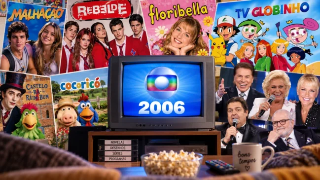 Imagem editorial nostálgica sobre a televisão de 2006, com TV de tubo e referências a novelas, desenhos, séries e programas da época