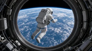 Astronauta de capacote claro junto à janela da Estação Espacial com a Terra ao fundo