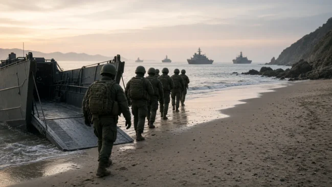 Fuzileiros da Infantaria de Marinha argentina em desembarque anfíbio durante exercício no litoral do Peru