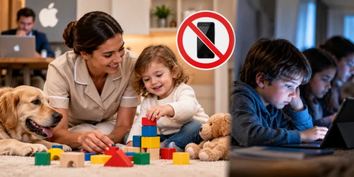 Babá brinca com criança usando blocos enquanto outras crianças aparecem diante de telas, em imagem que representa o contraste entre atenção humana e tecnologia.