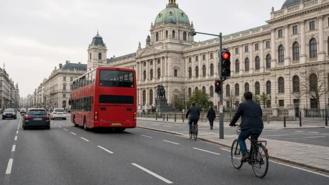 Ônibus turístico diante do Kunsthistorisches Museum em Viena com semáforo no cruzamento