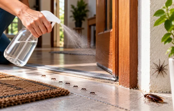 Pessoa borrifa vinagre branco na entrada de casa, próximo a formigas, barata e aranha, como alternativa caseira para afastar insetos.