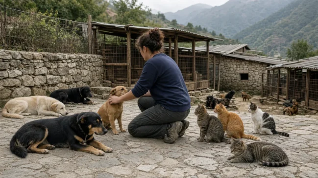 Cães resgatados em pátio de abrigo na serra com voluntário ao centro
