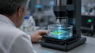 Peixe-zebra transparente sob microscopia de varredura com órgãos fluorescentes