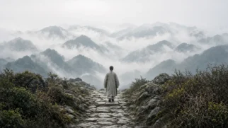 Paisagem clássica chinesa com monte enevoado e erudito no passo seguinte da encosta