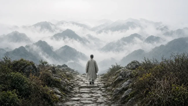 Paisagem clássica chinesa com monte enevoado e erudito no passo seguinte da encosta