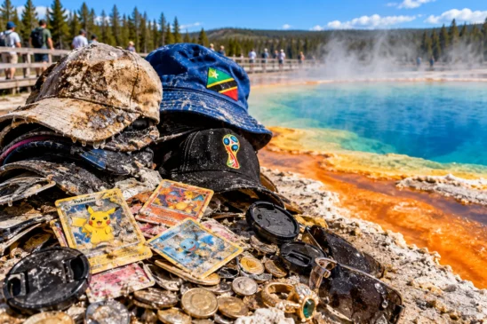 Cartas de Pokémon, chapéus, moedas e objetos retirados das águas termais de Yellowstone aparecem próximos a uma fonte azul cercada por vapor.