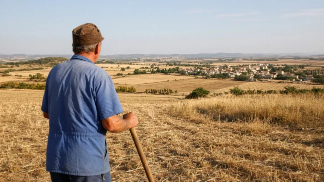 Campos secos e sebes baixas sob sol forte de fim de tarde numa planície agrícola
