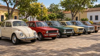 Representação de automóveis brasileiros antigos de diferentes décadas se reúnem num pátio urbano sem referências geográficas identificáveis. Imagem gerada por IA.