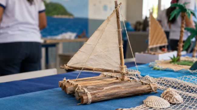 Representação de uma pequena jangada de madeira feita em atividade escolar está numa mesa de exposição cultural. Imagem gerada por IA.