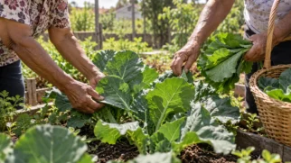 Representação de mãos de pessoas idosas colhem folhas de couve frescas em uma horta comunitária. Imagem gerada por IA.
