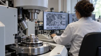 Pesquisadora trabalha diante de um equipamento de microscopia e de uma tela com textura de material ampliada. A cena representa a observação experimental de estruturas que ajudam a investigar o comportamento dos materiais. Imagem gerada por IA.