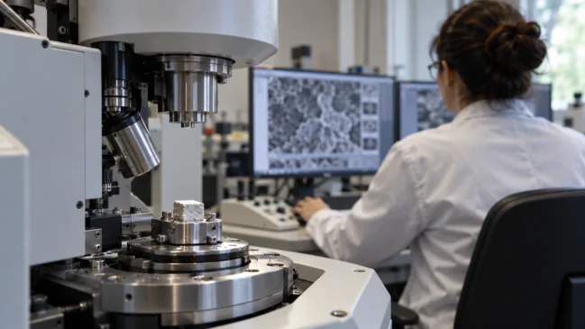 Pesquisadora trabalha diante de um equipamento de microscopia e de uma tela com textura de material ampliada. A cena representa a observação experimental de estruturas que ajudam a investigar o comportamento dos materiais. Imagem gerada por IA.