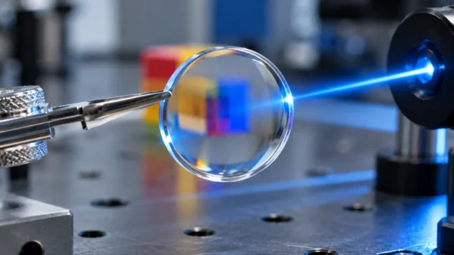 Uma lente circular transparente está presa em um suporte e recebe luz azul, com um cubo colorido ao fundo. A composição representa o princípio de usar iluminação para controlar a forma de materiais ópticos responsivos. Imagem gerada por IA.