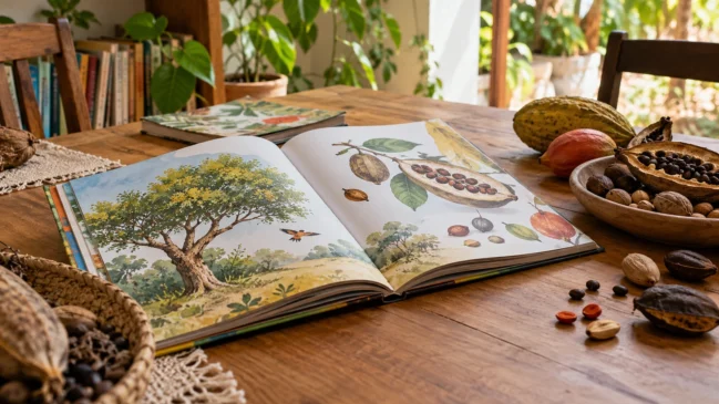 Representação de um livro infantil aberto sem palavras legíveis aparece ao lado de sementes e frutos numa mesa de leitura. Imagem gerada por IA.