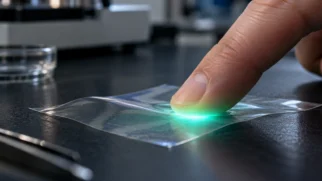 Um dedo pressiona uma película transparente, formando uma região luminosa verde e azul no ponto de contato. A imagem representa a transformação da pressão em informação visual, princípio explorado pela pele eletrônica eLuminator. Imagem gerada por IA.