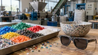 Flocos de plástico de diferentes cores dividem a bancada com uma tigela e óculos de acabamento granulado. A composição representa o caminho entre o resíduo separado e a fabricação de novos objetos em processos locais de reciclagem. Imagem gerada por IA.