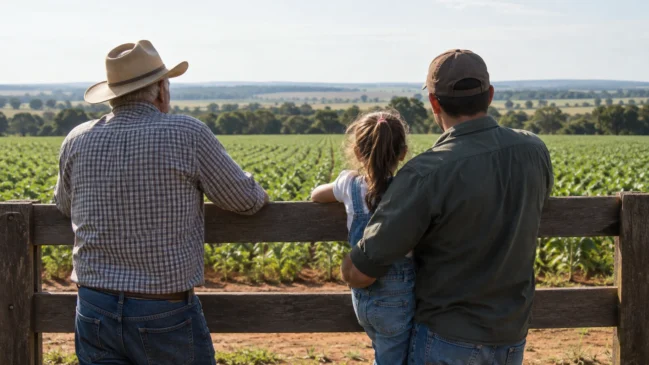 Três gerações observam uma área cultivada junto a uma cerca. A cena representa a continuidade do trabalho e dos vínculos de uma família no campo. Imagem gerada por IA.