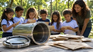 Uma cápsula metálica e envelopes estão sobre uma mesa em um parque. A cena representa o envio de mensagens das crianças para uma abertura no futuro. Imagem gerada por IA.