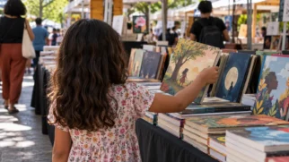 Representação de uma criança vista por trás escolhe um livro numa banca de feira literária com capas sem palavras legíveis. Imagem gerada por IA.